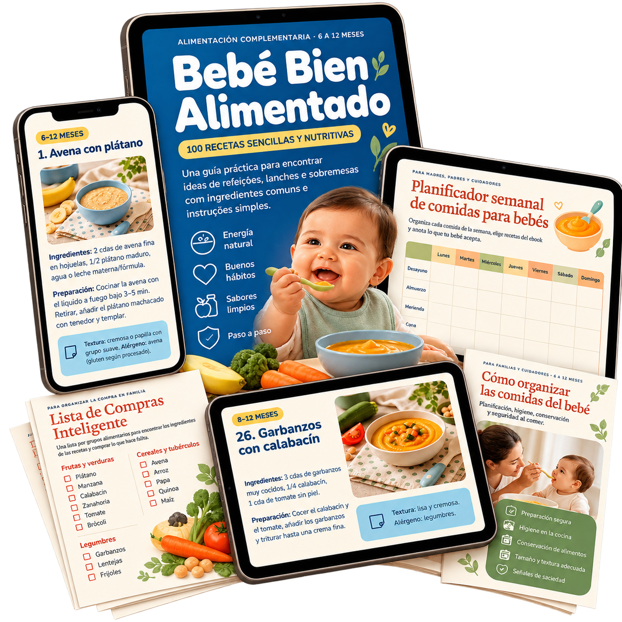 Contenido de Bebé Bien Alimentado con recetario, planificador, lista de compras y guía práctica